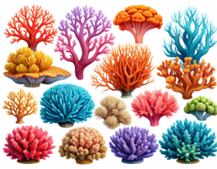 Collection of Diverse Coral Reef Shapes and Colors individually cut out on transparent background PNG