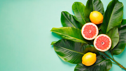 Tropical summer background in flat lay style. In the center there is free space for text or advertising. The atmosphere of freshness, brightness and summer.