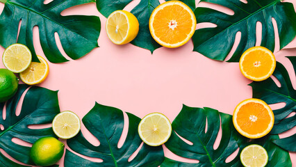 Tropical summer background in flat lay style. In the center there is free space for text or advertising. The atmosphere of freshness, brightness and summer.
