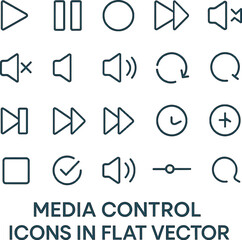 Media control icons in flat vector style pack 