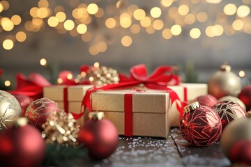 Christmas celebration scene in luxury style, 3D render with red ribbons, gold boxes, and festive ornaments