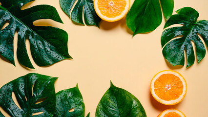 Tropical summer background in flat lay style. In the center there is free space for text or advertising. The atmosphere of freshness, brightness and summer.