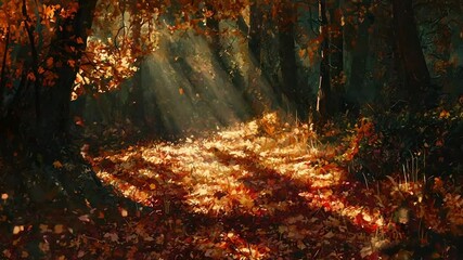 Sunbeams illuminate autumnal forest floor, covered in red and gold leaves - Powered by Adobe
