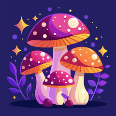 Enchanted Forest. Glowing Mushrooms in a Fantasy Night Scene