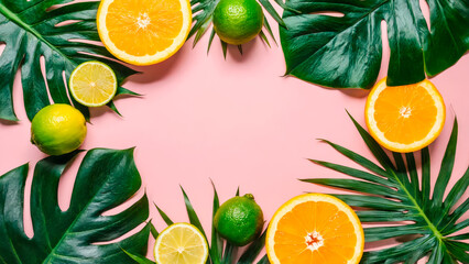 Tropical summer background in flat lay style. In the center there is free space for text or advertising. The atmosphere of freshness, brightness and summer.