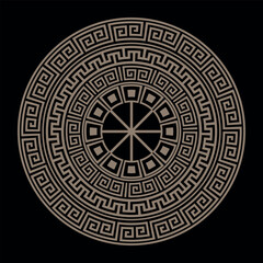 Vector round golden classic pattern frame plate. Greek round frame. Greek pattern. Greek meander. Patterns of Greece, ancient Rome. Circle european border. Typical egyptian, assyrian, greek motives