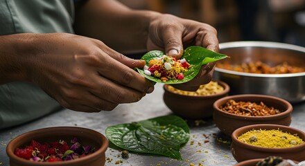 Hands Preparing Indian Paan Betel Leaf Snack