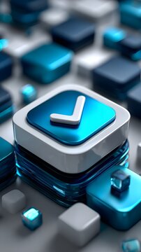 Titel:
Modernes 3D-H&auml;kchen-Symbol in Blau und Silber auf digitalen W&uuml;rfeln
