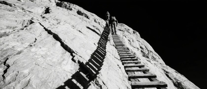 A lone figure ascends a wooden ladder against a steep, rugged cliff face under a dark sky.