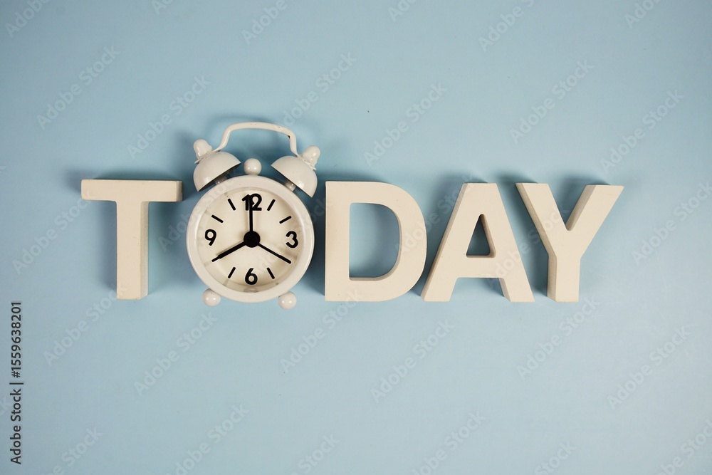 Poster today alphabet letters with alarm clock on blue background