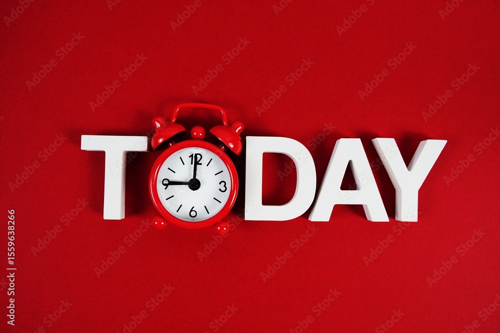 Aufkleber today alphabet letters with alarm clock on red background