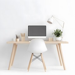 Modern Minimalist Workspace with Computer, Chair, and Green Plant