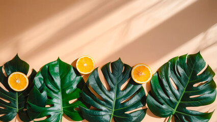 Tropical summer background in flat lay style. In the center there is free space for text or advertising. The atmosphere of freshness, brightness and summer.