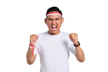 Naklejka premium Excited young Asian men celebrate Indonesian independence day on 17 August, standing with raised hands isolated on transparent background
