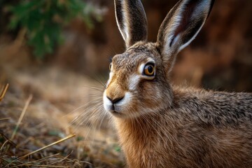 Obraz premium A brown hare gazes intently with long ears alert set against a blurred backdrop of brown foliage and grasses