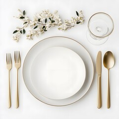 Elegant Table Setting with Gold Cutlery and Floral Accents