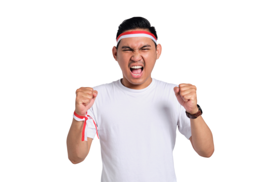 Excited young Asian men celebrate Indonesian independence day on 17 August, standing with raised hands isolated on transparent background