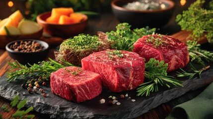 Fresh beef steaks with herbs and vegetables