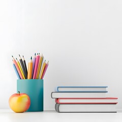 Fototapeta premium Colorful Pencils On Desk With Apple And Stacked Books In Background