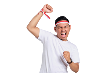 Excited young Asian men celebrate Indonesian independence day on 17 August, standing with raised hands isolated on transparent background