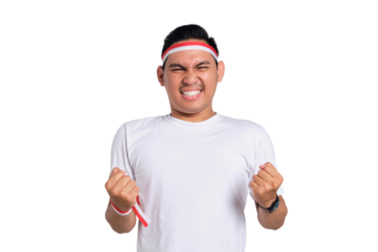 Excited young Asian men celebrate Indonesian independence day on 17 August, standing with raised hands isolated on transparent background