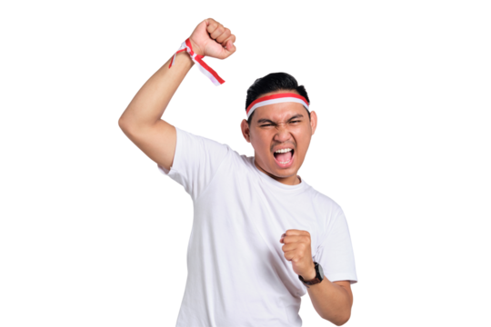 Excited young Asian men celebrate Indonesian independence day on 17 August, standing with raised hands isolated on transparent background