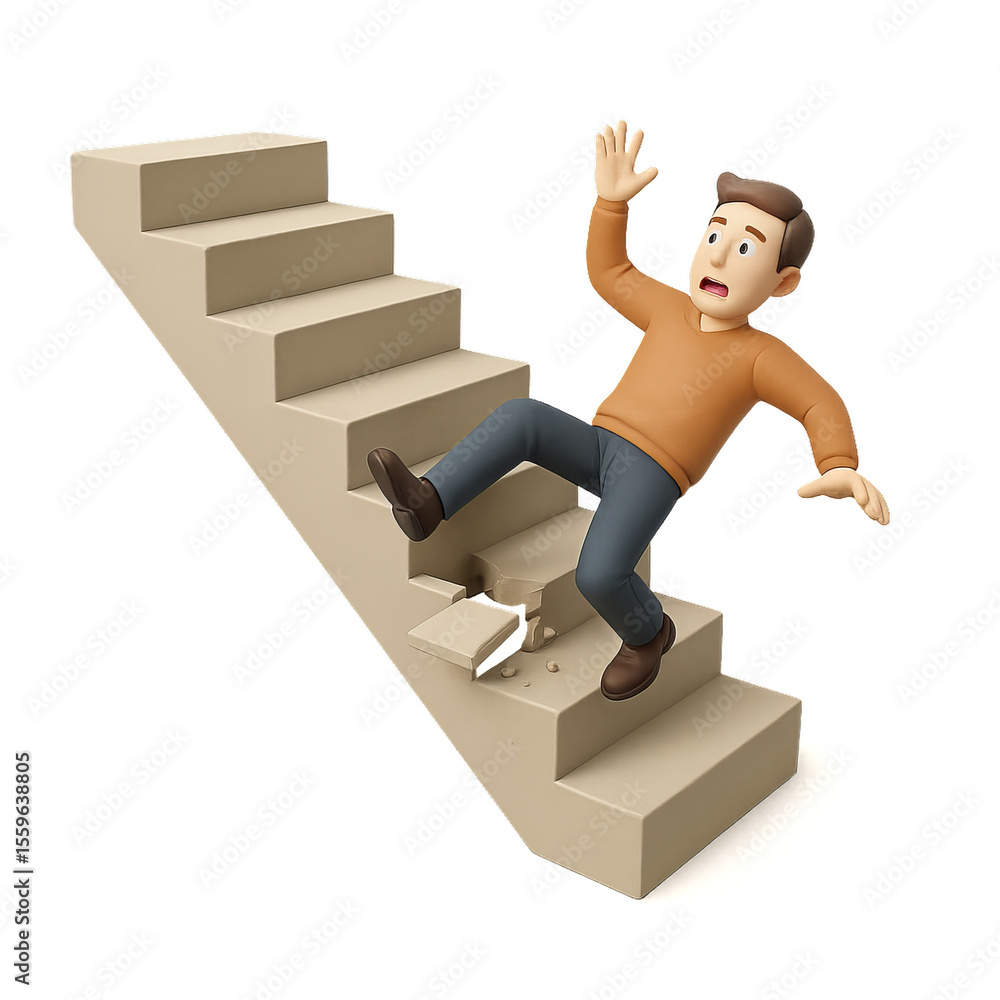 Poster 3d staircase mishap with character falling in a simple setting