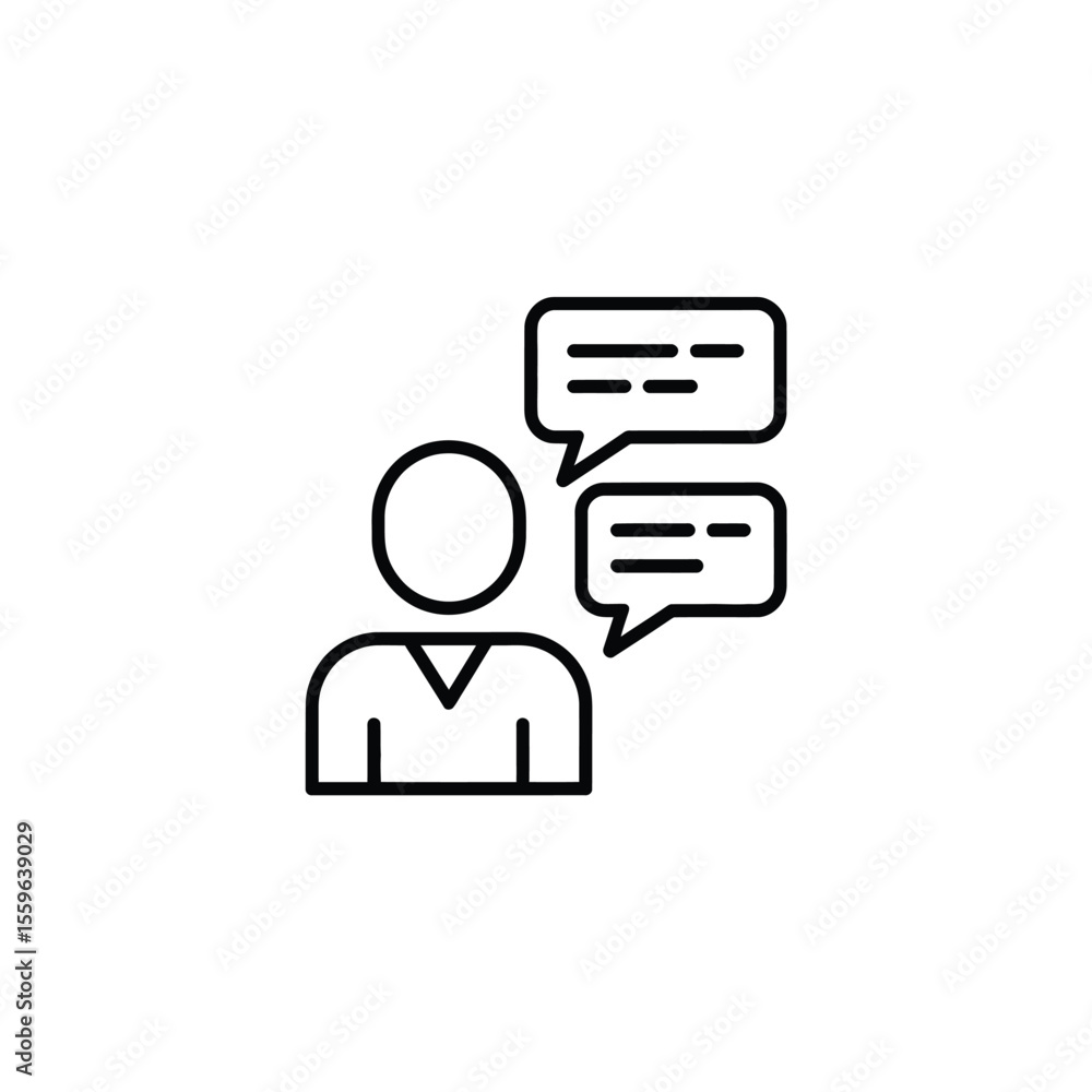 Poster person with speech bubbles icon representing communication and dialogue in simple style