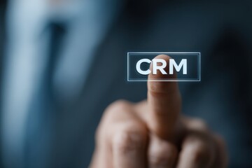Businessman Pressing Digital CRM Interface on Screen with Focus on Data Management Concept