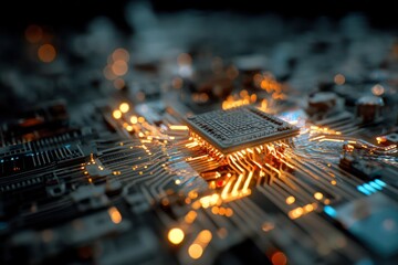 Innovative AI chip showcasing glowing data circuits for enhanced performance and analysis.