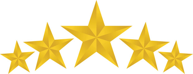 Five gold star rating icon illustration symbolizing premium service or product quality. Bright vector stars for review, feedback, excellence or rank concept. Perfect for UI or branding visuals.