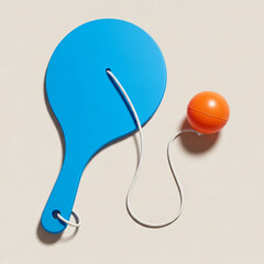 A blue paddle connected by a string to an orange ball on a neutral background.