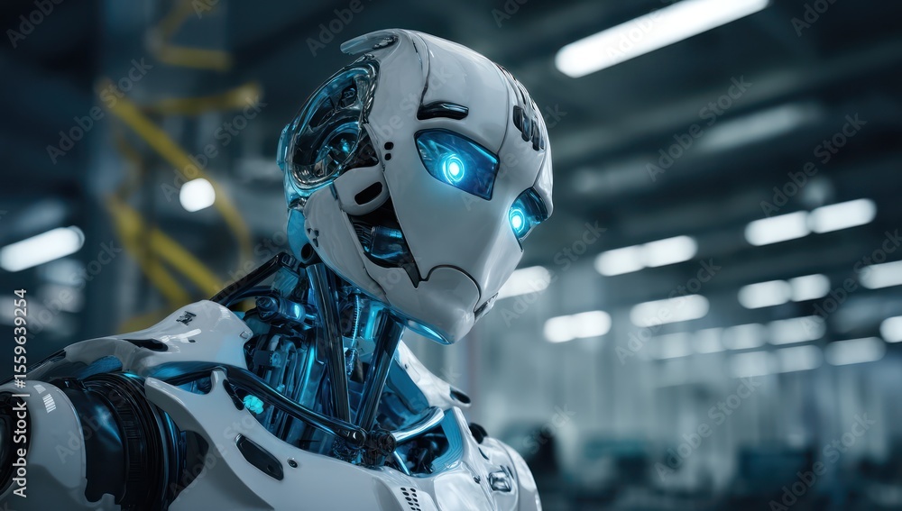 Poster ai-powered robot with glowing eyes, standing in a futuristic lab surrounded by high-tech equipment.