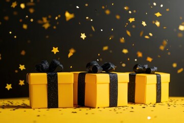 Cheerful scene of three yellow gift boxes with shimmering star confetti falling softly, minimalistic backdrop
