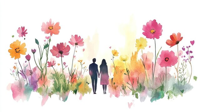 A watercolor garden filled with vibrant flowers, where a couple holds hands, surrounded by soft pink and purple hues, creating a peaceful and romantic Valentine's Day moment.