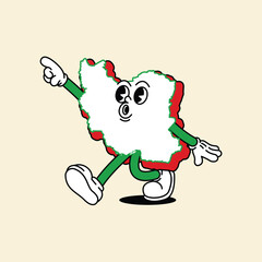 Cheerful Iran Maps character. Walking cheerfully and his mouth whistled. Iran Maps Retro vintage mascot character with gloved hand and foot, rubber hose cartoon style.