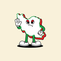 Cheerful Iran Maps character. Standing with a firm face and his hand said stop forward. Iran Maps Retro vintage mascot character with gloved hand and foot, rubber hose cartoon style.