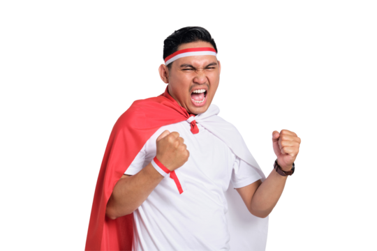 Excited young Asian men celebrate Indonesian independence day on 17 August, standing with raised hands isolated on transparent background