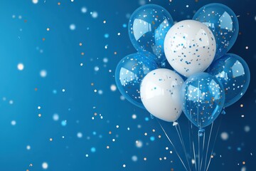 Celebration banner with blue wallpaper featuring 3D glossy balloons and confetti, transparent background and space for greeting text