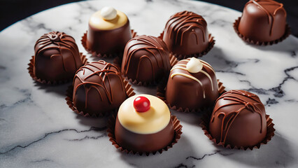 World Chocolate Day celebration. Assorted chocolate treats on a dark background. Sweetness, indulgence, and dessert temptation.