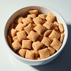 A bowl filled with square, textured light brown cereal pieces on a light surface.