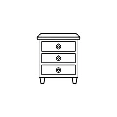 Outline drawing of a nightstand with three drawers and knobs