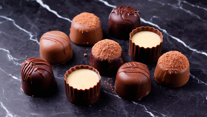 World Chocolate Day celebration. Assorted chocolate treats on a dark background. Sweetness, indulgence, and dessert temptation.