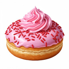 A donut with pink icing, red sprinkles, and pink whipped cream on top.