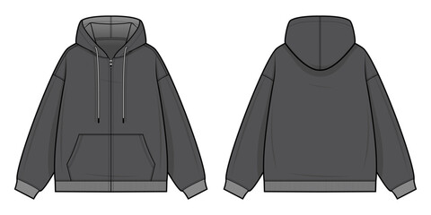 Gray Relaxed Hoodie Technical Fashion Illustration. Long-Sleeve Pullover Hoodie with Front Kangaroo Pocket Vector Template. Front and Back View. Unisex Casualwear. Dark Gray Color. CAD Mockup Set. © aiven studio