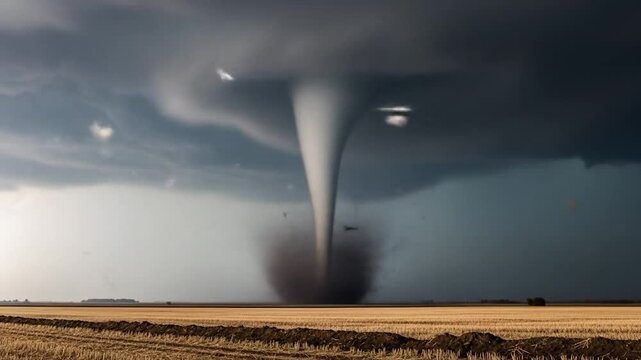 Immense, dark-grey funnel cloud descends from ominous storm clouds over a golden, harvested field
