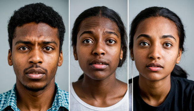 Close-up portraits of three young adults showcasing a range of expressions and highlighting diverse ethnic features.  Neutral background emphasizes individual faces.
