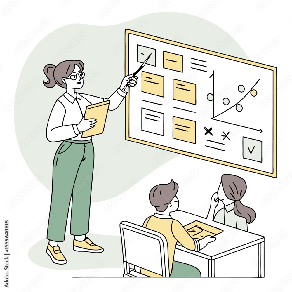 Aufkleber a teacher or presenter using a pointer to explain a strategy or plan on a whiteboard to two attentiv