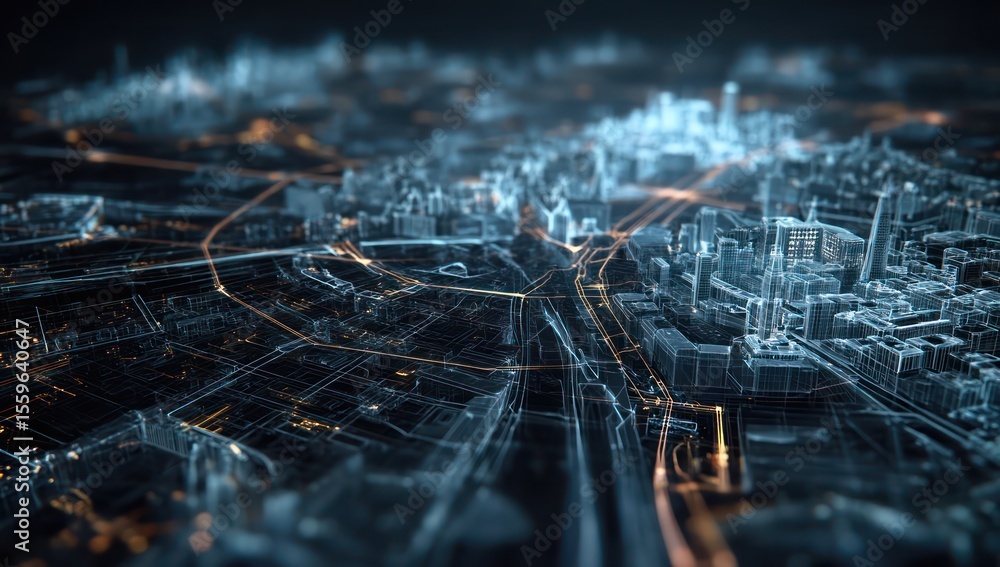 Poster real-time mapping interface of a futuristic city, providing dynamic location tracking and updates.