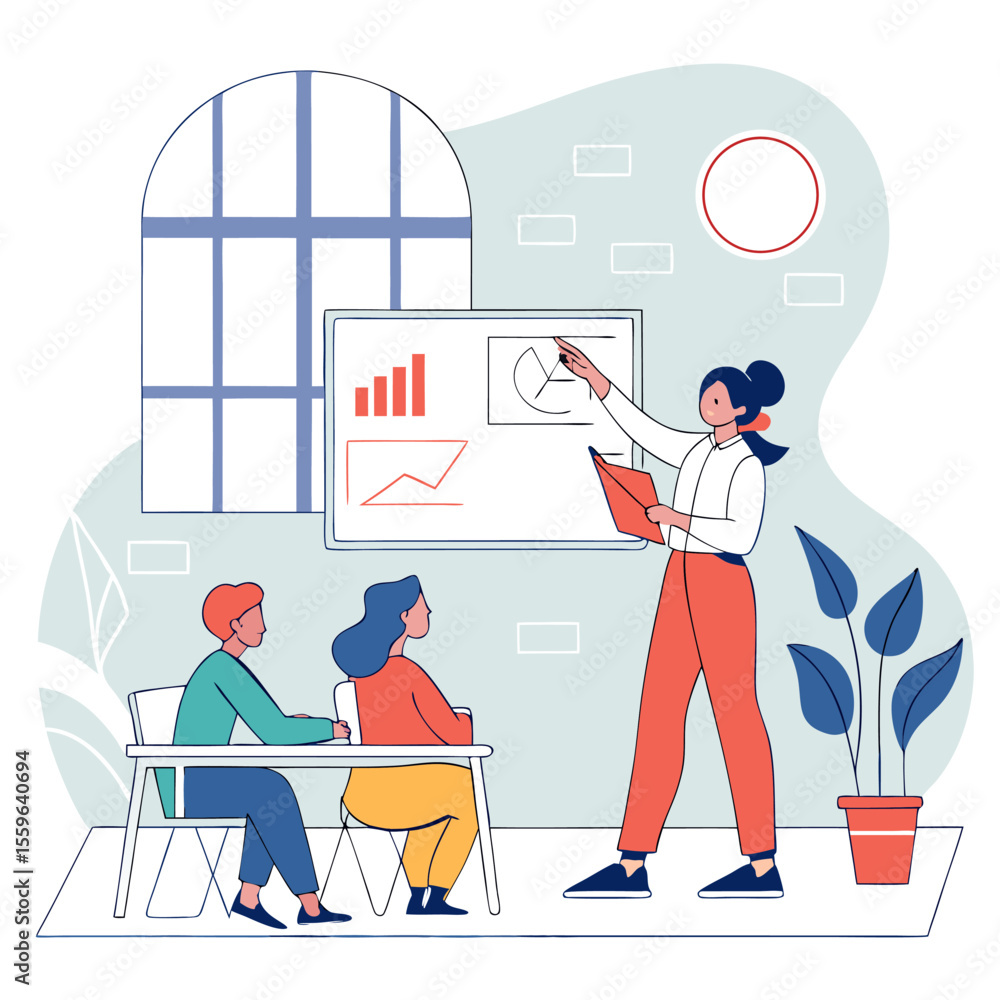 Poster a female presenter is teaching two students in a classroom setting pointing to charts and graphs on 